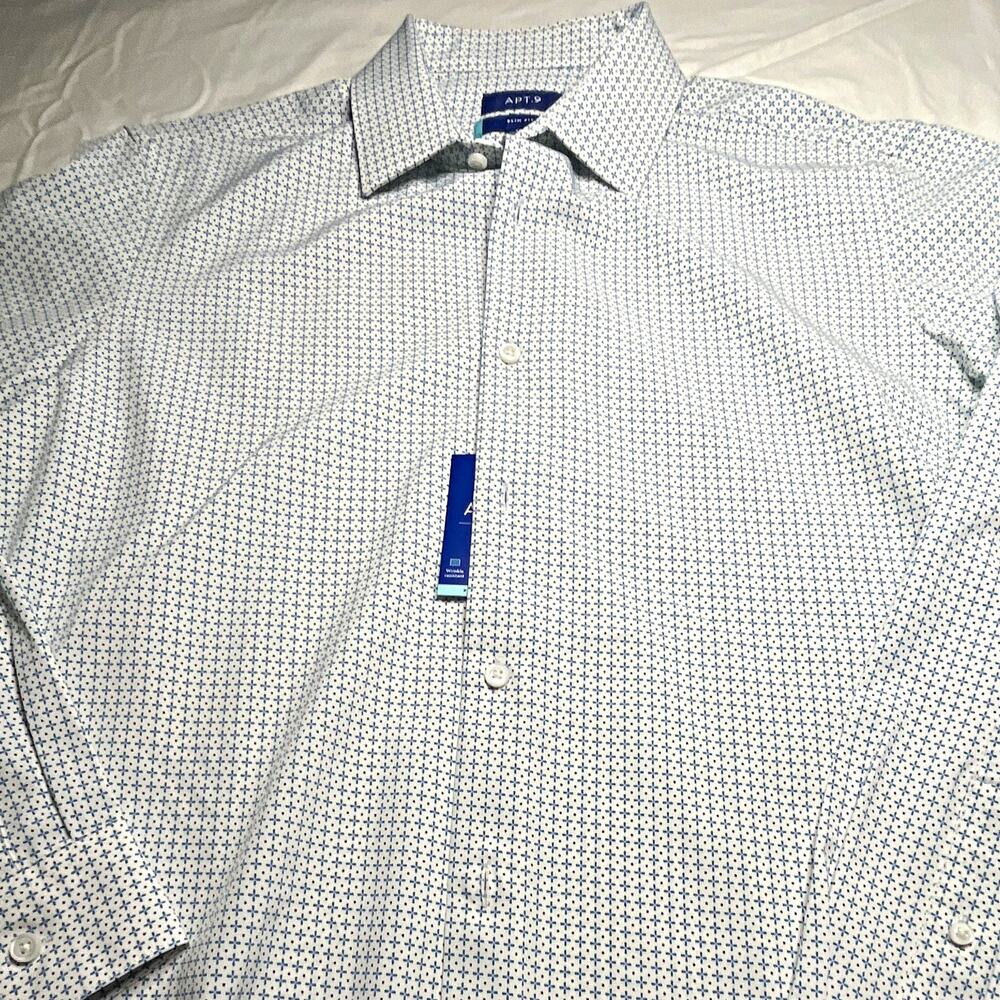 Apt. 9 Men's Slim Fit Dress Shirt Geometric White/Blue 15-15 1/2 32/33